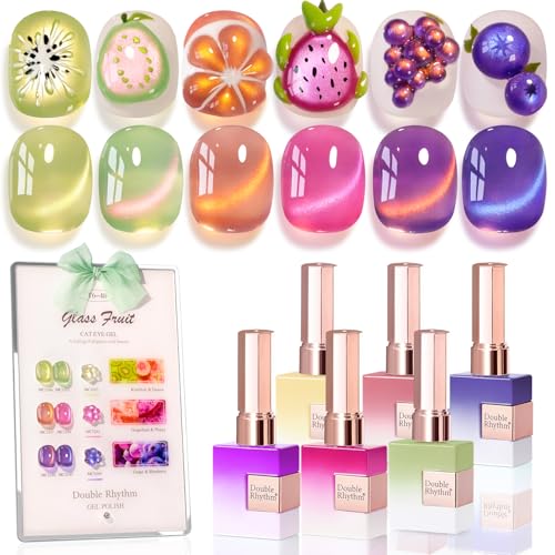 Double Rhythm Fruit Cat Eye Gel Nail Polish Set of 6 Same Color Same Bottle 05 Oz Shimmer Glitter with Magnet Holographic Reflective Magnetic UV Polish Kit at Home Glass Rose Pink GreenT648 - Image 1