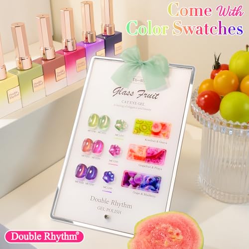 Double Rhythm Fruit Cat Eye Gel Nail Polish Set of 6 Same Color Same Bottle 05 Oz Shimmer Glitter with Magnet Holographic Reflective Magnetic UV Polish Kit at Home Glass Rose Pink GreenT648 - Image 3