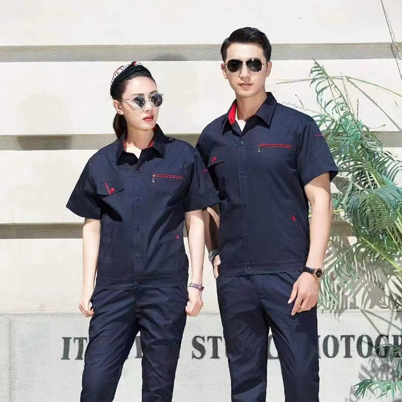 Summer short-sleeved workshop work clothes wear-resistant mens and womens same-style work clothes moisture-wicking work clothes breathable and comfortable wholesale navy blue work clothes 