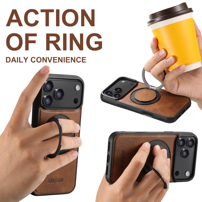 Suteni For Iphone Air G3 Oil Wax 360 Rotation Holder Magsafe Back Phone Case(Brown) - Image 4