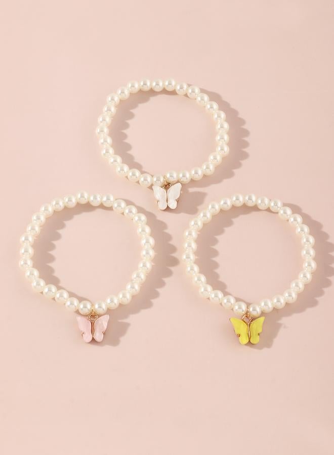 Take Two Pack of 3 - Girls Multi-Color Butterfly Charm Pearl Bracelets - Image 2