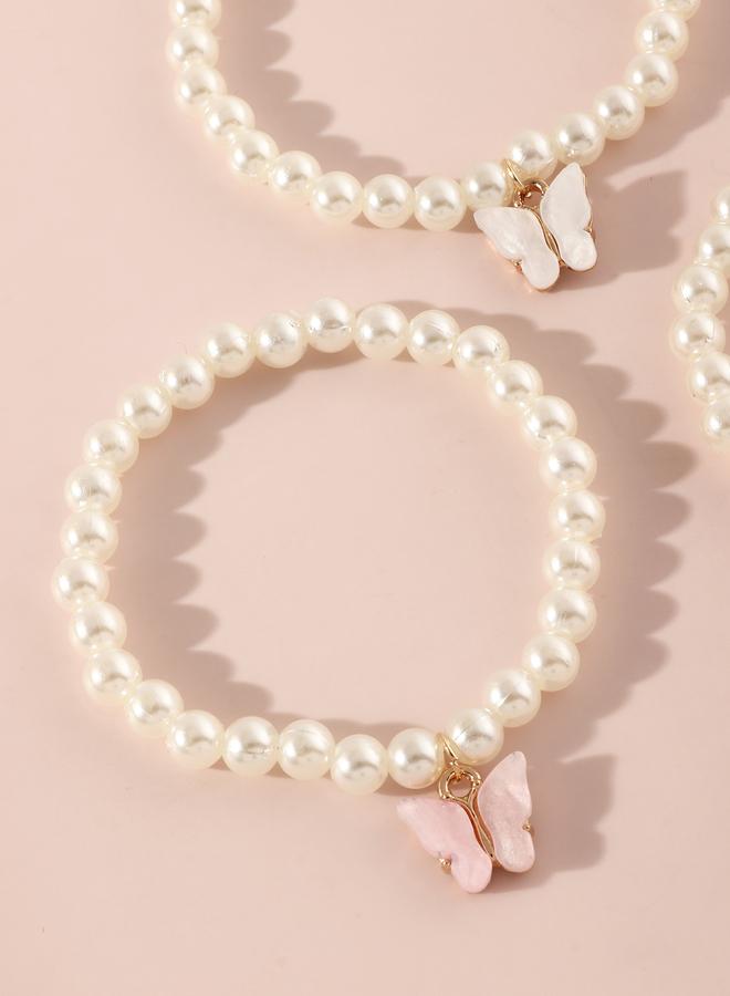 Take Two Pack of 3 - Girls Multi-Color Butterfly Charm Pearl Bracelets - Image 3
