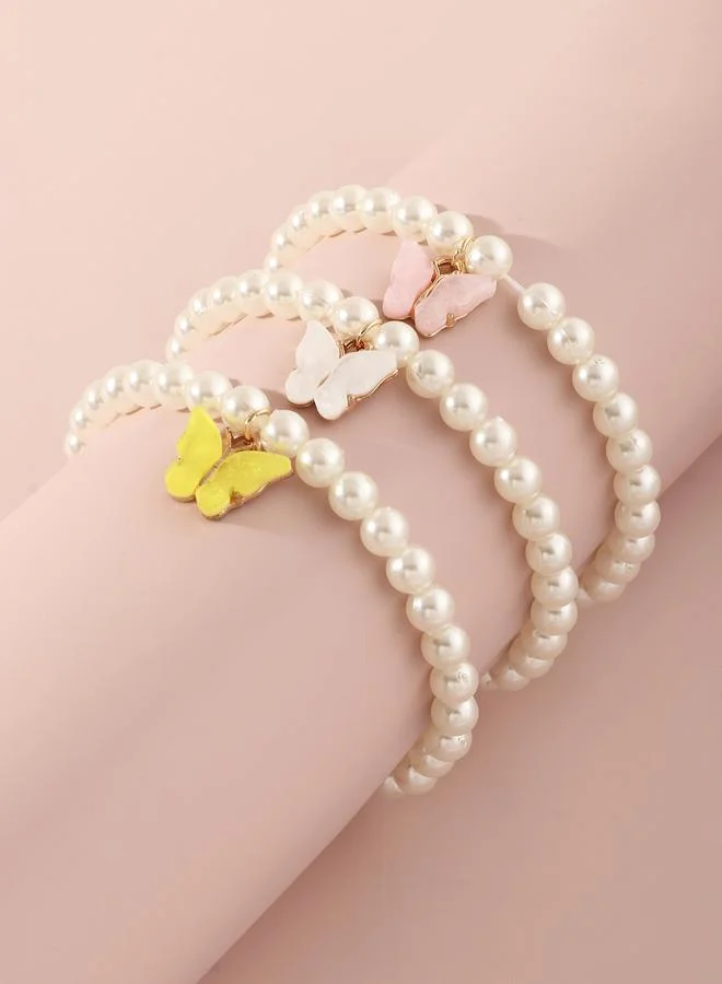 Pack of 3 - Girls Multi-Color Butterfly Charm Pearl Bracelets