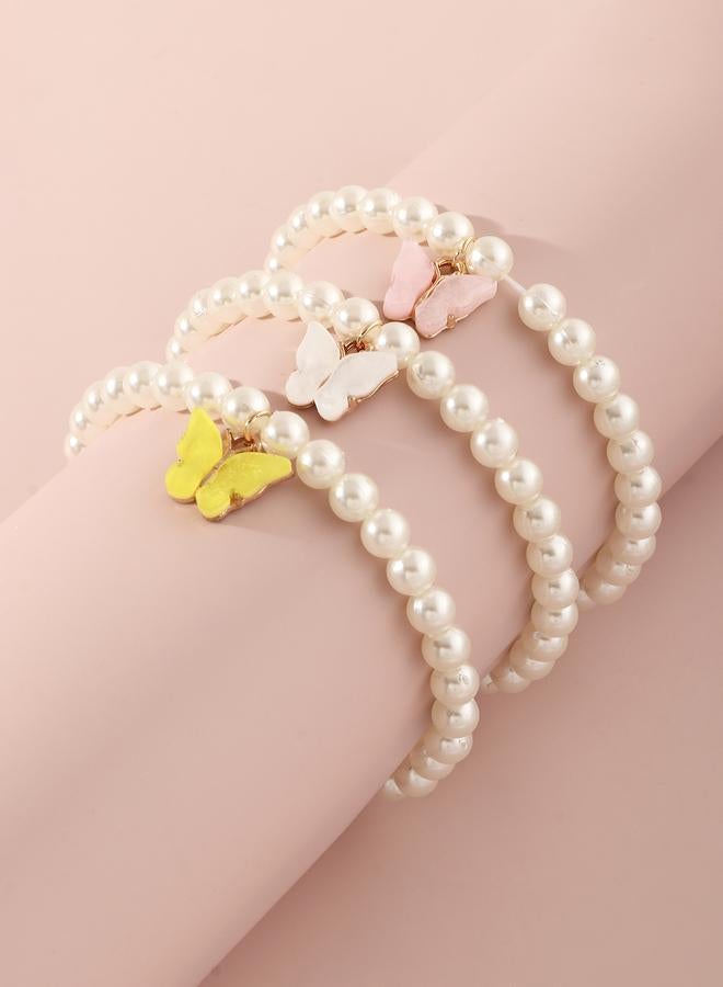 Take Two Pack of 3 - Girls Multi-Color Butterfly Charm Pearl Bracelets - Image 1