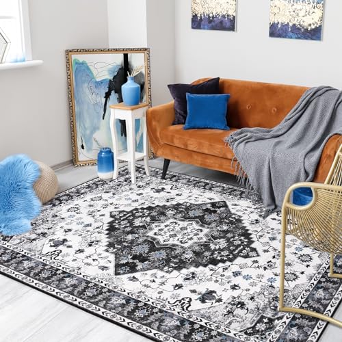 Amearea Vintage Design Area Rugs for Living Room, 4x6 Machine Washable Floral Collection Traditional Bedroom Rug, Low Pile Cute Kids Room Print Carpet, No Slip Office Kitchen Home Decor, Black - Image 2