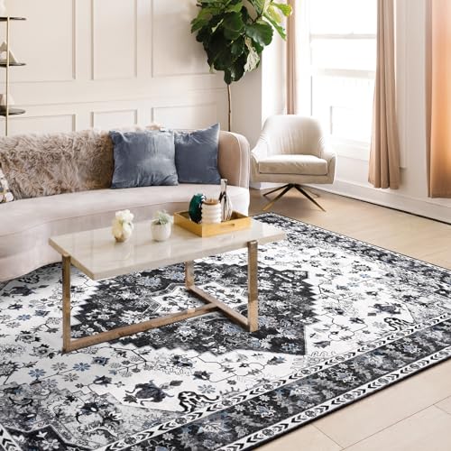 Amearea Vintage Design Area Rugs for Living Room, 4x6 Machine Washable Floral Collection Traditional Bedroom Rug, Low Pile Cute Kids Room Print Carpet, No Slip Office Kitchen Home Decor, Black - Image 3