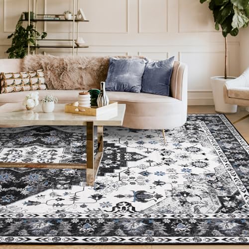 Amearea Vintage Design Area Rugs for Living Room, 4x6 Machine Washable Floral Collection Traditional Bedroom Rug, Low Pile Cute Kids Room Print Carpet, No Slip Office Kitchen Home Decor, Black - Image 4