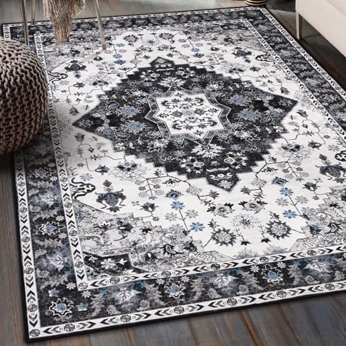 Amearea Vintage Design Area Rugs for Living Room, 4x6 Machine Washable Floral Collection Traditional Bedroom Rug, Low Pile Cute Kids Room Print Carpet, No Slip Office Kitchen Home Decor, Black - Image 1