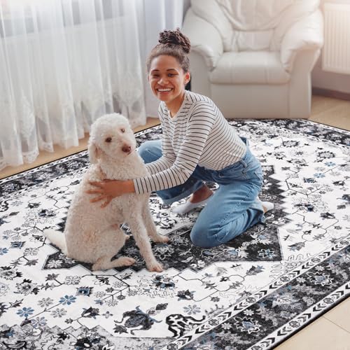Amearea Vintage Design Area Rugs for Living Room, 4x6 Machine Washable Floral Collection Traditional Bedroom Rug, Low Pile Cute Kids Room Print Carpet, No Slip Office Kitchen Home Decor, Black - Image 5