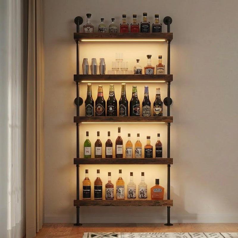 Woskar 5-Tier Wall Mounted Wine Rack with LED, Industrial Pipe Bar Shelf for Wine Bottle Storage, Industrial Pipe Shelves Shelf Shelving for Home Bar Dining Room Kitchen (24INCH-LED) - Image 1
