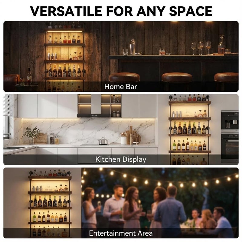 Woskar 5-Tier Wall Mounted Wine Rack with LED, Industrial Pipe Bar Shelf for Wine Bottle Storage, Industrial Pipe Shelves Shelf Shelving for Home Bar Dining Room Kitchen (24INCH-LED) - Image 2