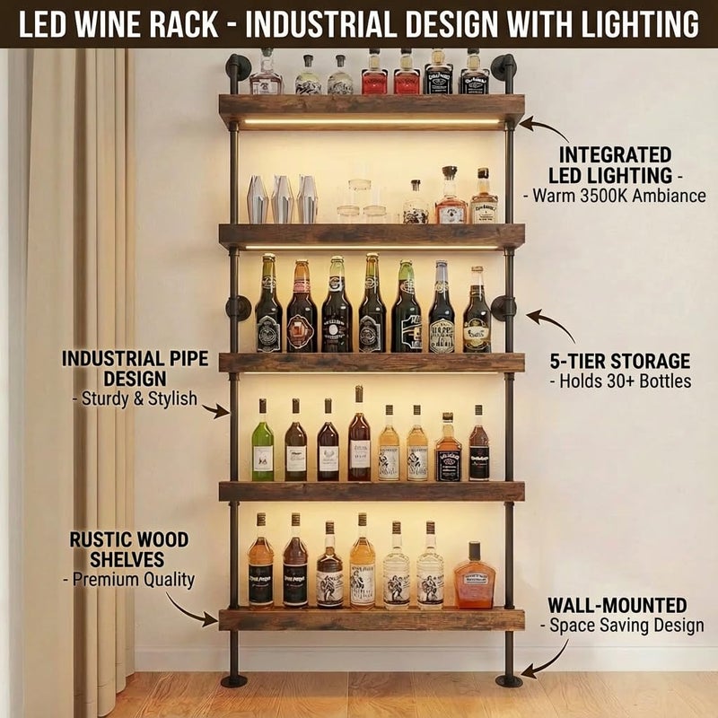 Woskar 5-Tier Wall Mounted Wine Rack with LED, Industrial Pipe Bar Shelf for Wine Bottle Storage, Industrial Pipe Shelves Shelf Shelving for Home Bar Dining Room Kitchen (24INCH-LED) - Image 4