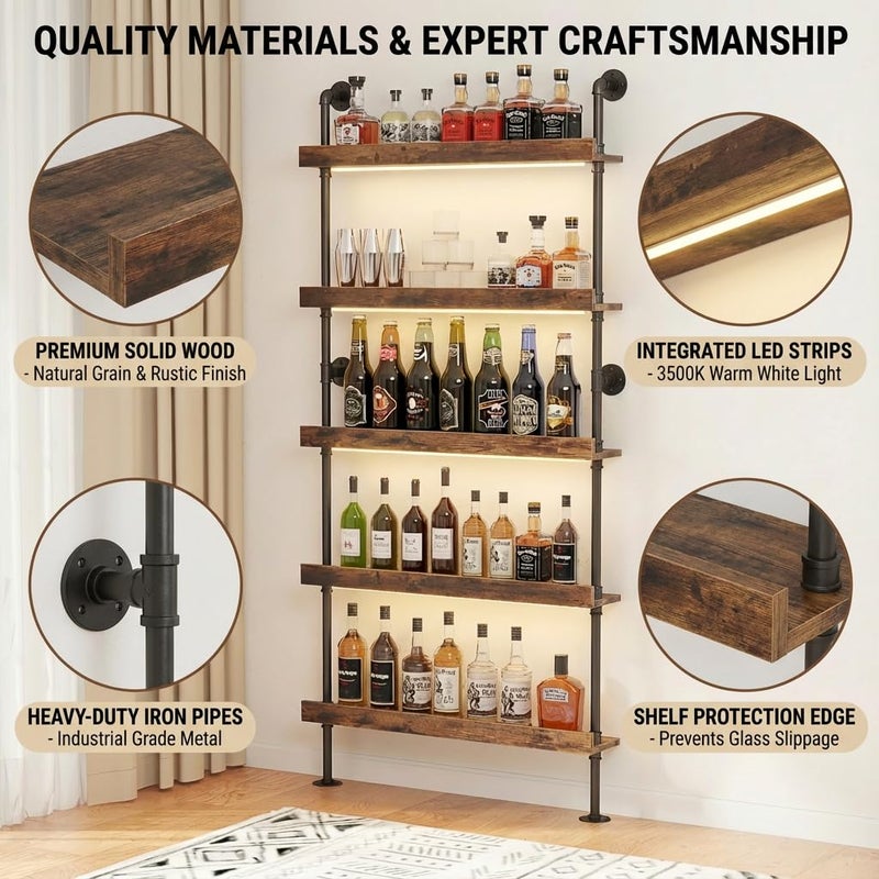 Woskar 5-Tier Wall Mounted Wine Rack with LED, Industrial Pipe Bar Shelf for Wine Bottle Storage, Industrial Pipe Shelves Shelf Shelving for Home Bar Dining Room Kitchen (24INCH-LED) - Image 3