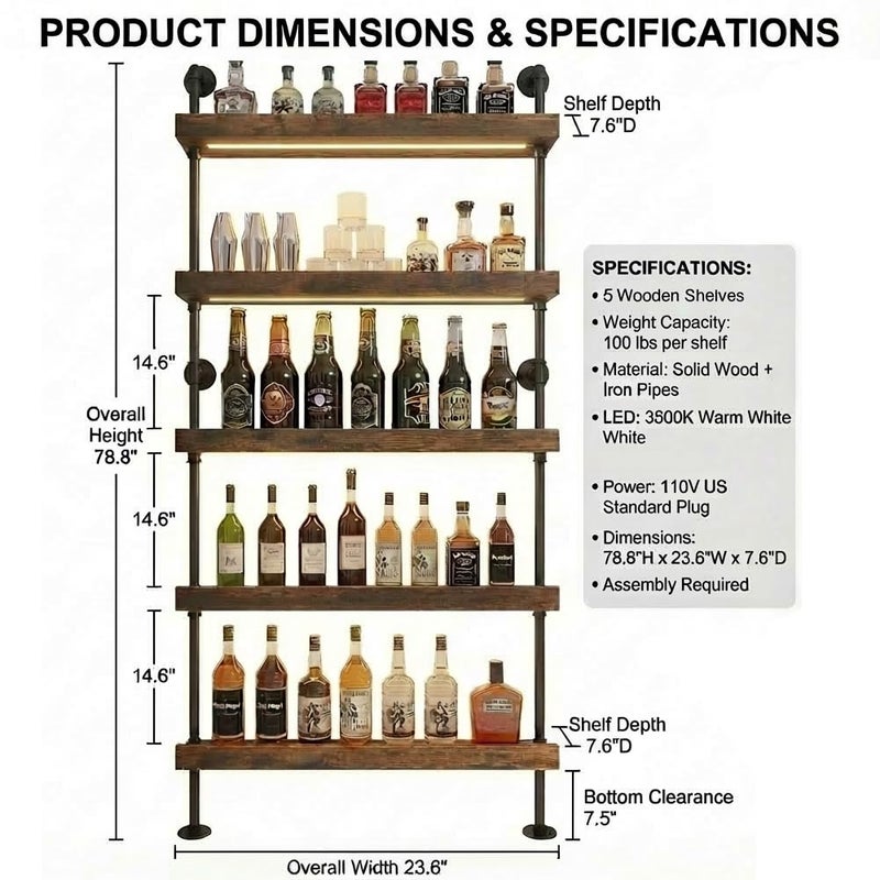 Woskar 5-Tier Wall Mounted Wine Rack with LED, Industrial Pipe Bar Shelf for Wine Bottle Storage, Industrial Pipe Shelves Shelf Shelving for Home Bar Dining Room Kitchen (24INCH-LED) - Image 5