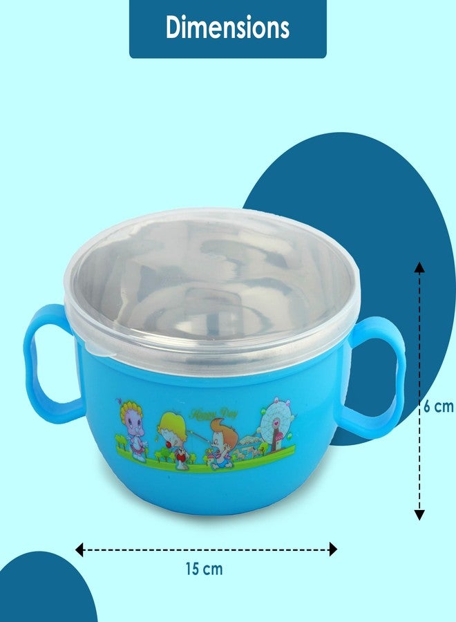 BabyMoo طقم أوعية طعام للأطفال من بيبي مو - مصنوع من الفولاذ المقاوم للصدأ المعزول والخالي من مادة BPA - بطبعة كرتونية، غطاء محكم الإغلاق، يحافظ على الطعام دافئًا، مع ملعقة - مثالي للأطفال الصغار - طقم وعاء وملعقة من الفولاذ الأزرق - Image 4