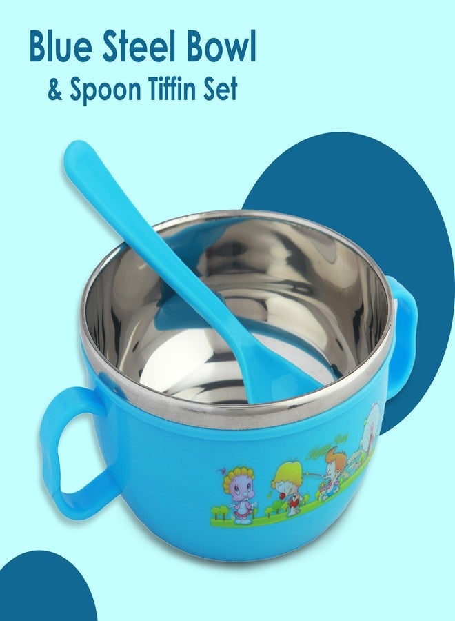 BabyMoo طقم أوعية طعام للأطفال من بيبي مو - مصنوع من الفولاذ المقاوم للصدأ المعزول والخالي من مادة BPA - بطبعة كرتونية، غطاء محكم الإغلاق، يحافظ على الطعام دافئًا، مع ملعقة - مثالي للأطفال الصغار - طقم وعاء وملعقة من الفولاذ الأزرق - Image 2