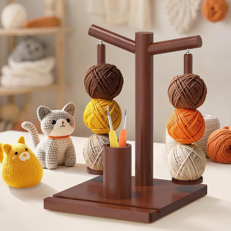 Wooden Yarn Winder with Double Spool, Phone Holder and Rotating Accessory Storage, Yarn Support for Crocheters and Artisans - Image 4