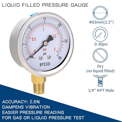 BPSSDI 0-30 Psi Low Pressure Gauge, 2.5" Dial Size, 1/4" NPT Lower Mount, 304 Stainless Steel Case, Water Pressure Gauge Test for Water Pipe, HVAC(with Tape) - Image 2