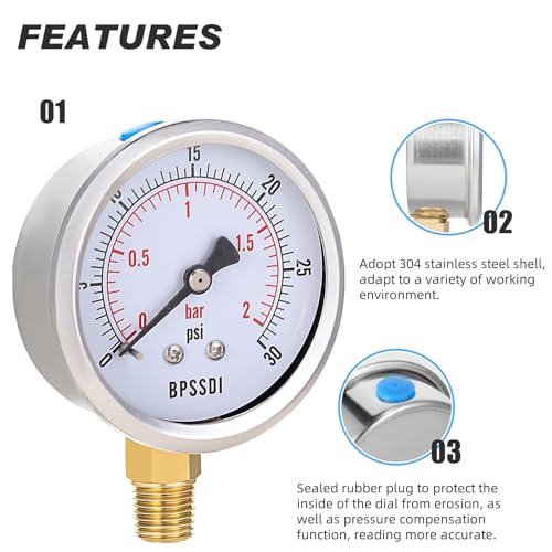 BPSSDI 0-30 Psi Low Pressure Gauge, 2.5" Dial Size, 1/4" NPT Lower Mount, 304 Stainless Steel Case, Water Pressure Gauge Test for Water Pipe, HVAC(with Tape) - Image 4