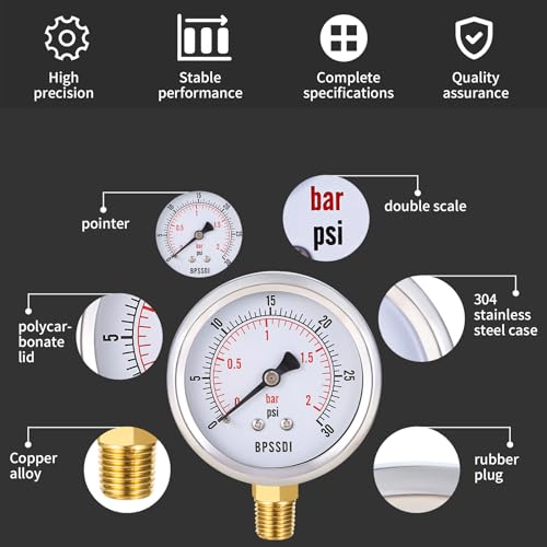 BPSSDI 0-30 Psi Low Pressure Gauge, 2.5" Dial Size, 1/4" NPT Lower Mount, 304 Stainless Steel Case, Water Pressure Gauge Test for Water Pipe, HVAC(with Tape) - Image 3