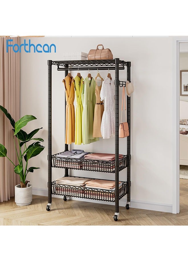 فورثكان رف معاطف قائم مع عجلات من فورثكان، 4 خطافات، متعدد الوظائف، مقاوم للصدأ، قابل للتعديل والإزالة، 75 * 34 * 184 سم، أسود - Image 1