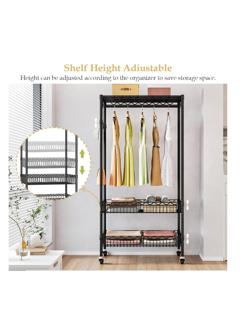 فورثكان رف معاطف قائم مع عجلات من فورثكان، 4 خطافات، متعدد الوظائف، مقاوم للصدأ، قابل للتعديل والإزالة، 75 * 34 * 184 سم، أسود - Image 3