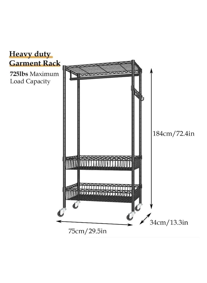 فورثكان رف معاطف قائم مع عجلات من فورثكان، 4 خطافات، متعدد الوظائف، مقاوم للصدأ، قابل للتعديل والإزالة، 75 * 34 * 184 سم، أسود - Image 2