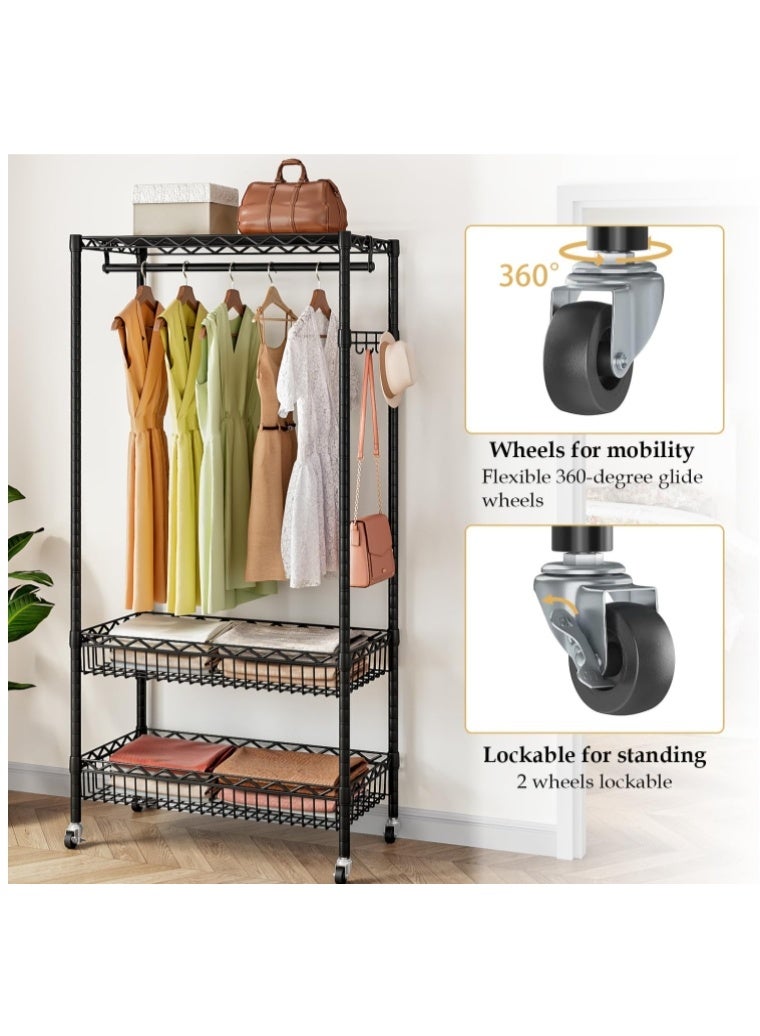 فورثكان رف معاطف قائم مع عجلات من فورثكان، 4 خطافات، متعدد الوظائف، مقاوم للصدأ، قابل للتعديل والإزالة، 75 * 34 * 184 سم، أسود - Image 4