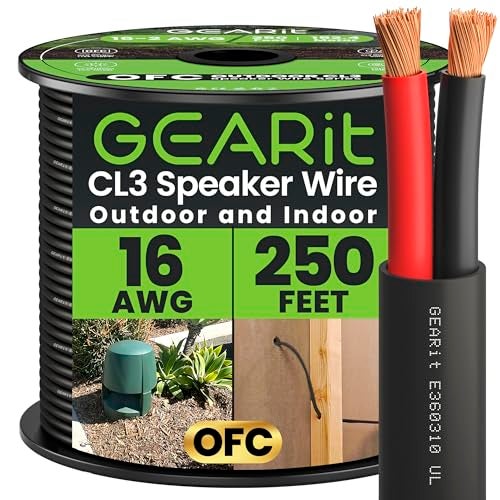 GearIT 16/2 Speaker Wire (250 Feet) 16AWG Gauge - Outdoor Direct Burial in Ground/in Wall / CL3 CL2 Rated / 2 Conductors - OFC Oxygen-Free Copper, Black 250ft - Image 1