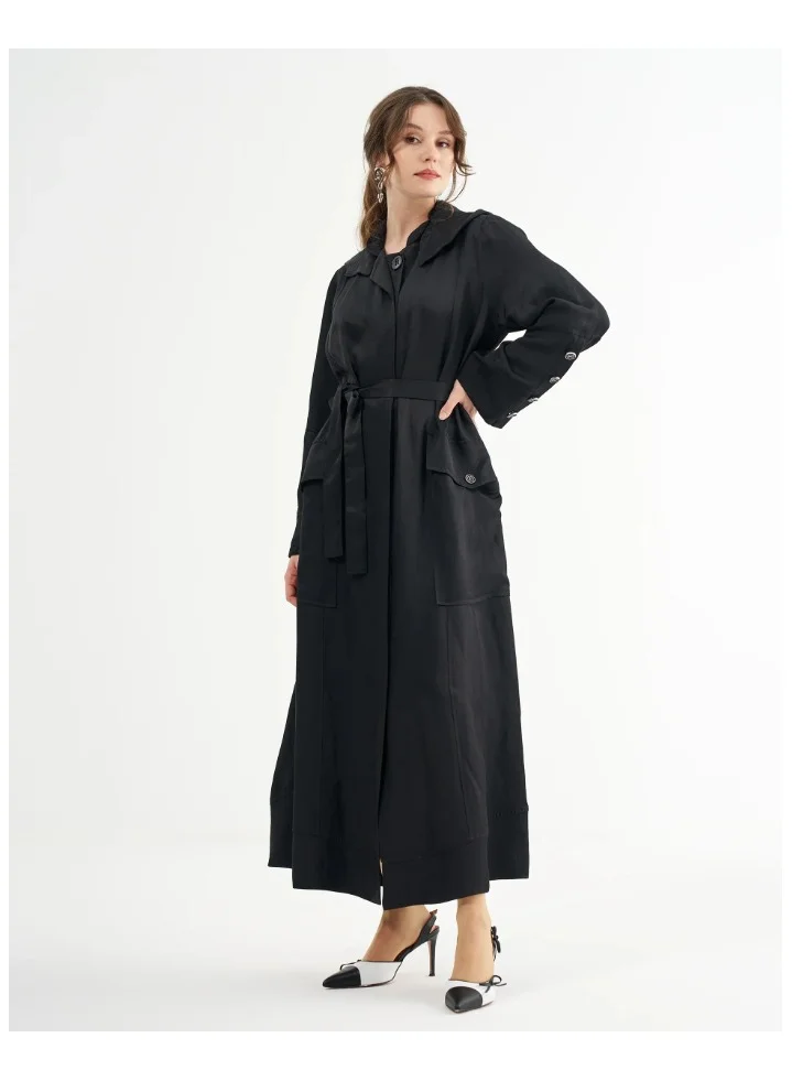 Hooded Belted Maxi Coat with Pocket Detail - Black