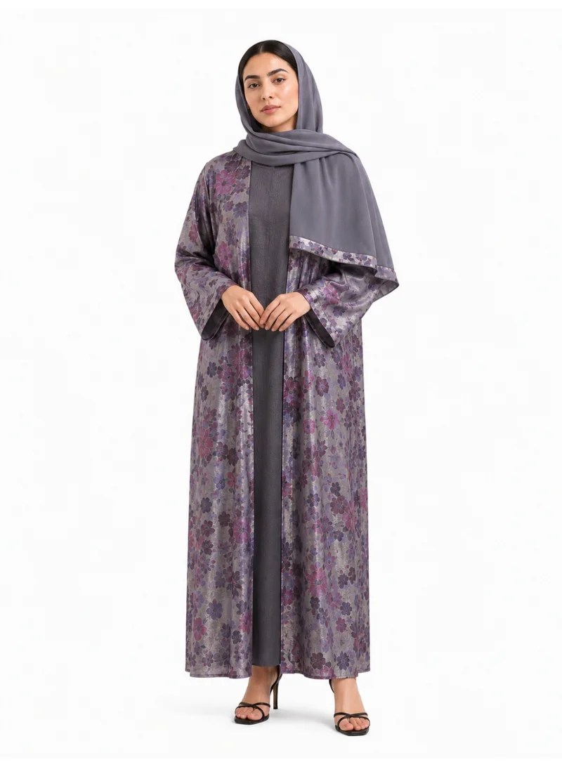 عباءات ريم Floral Print Shimmer Abaya with Inner Dress & Matching Sheila