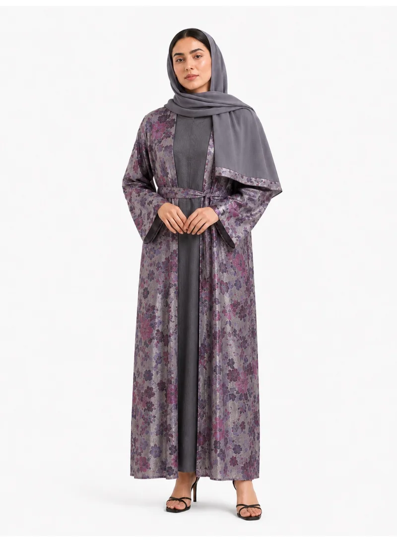 عباءات ريم Floral Print Shimmer Abaya with Inner Dress & Matching Sheila