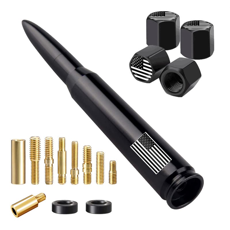 HVSTTPK American Flag Car Truck Antenna with Valve Stem Caps, Universal Mast for GM Chevy Silverado 1500 2500 3500 HD Avalanche Ford F150 F250 F350 Denali Heavy Duty Pickup Trucks Accessories (Black) - Image 1