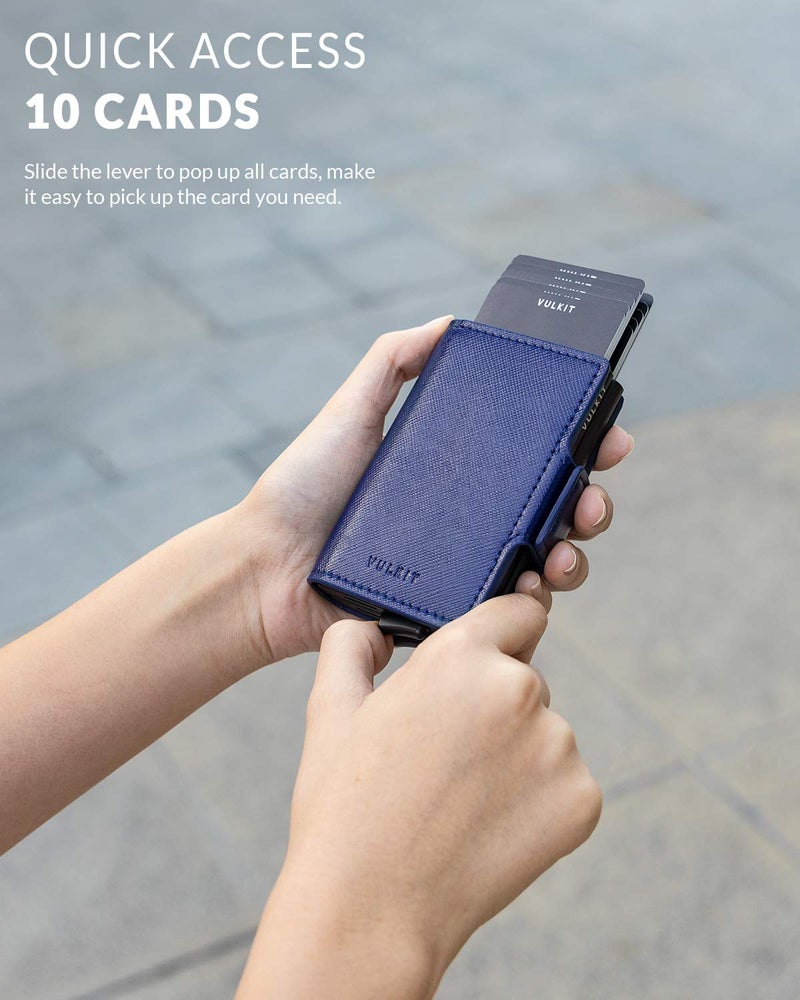 VULKIT VULKIT Credit Card Holder RFID Blocking Leather Automatic Pop Up Wallet Magnetic Wallet Double Card Case for Men and Women Cross Navy  - Image 2