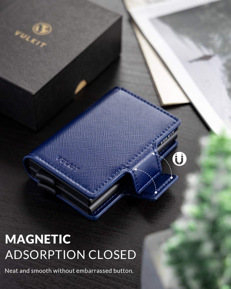 VULKIT VULKIT Credit Card Holder RFID Blocking Leather Automatic Pop Up Wallet Magnetic Wallet Double Card Case for Men and Women Cross Navy  - Image 5