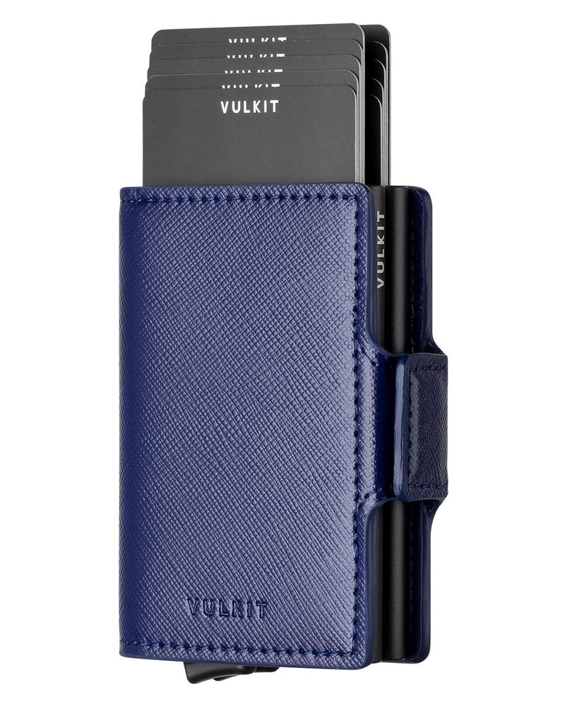 VULKIT VULKIT Credit Card Holder RFID Blocking Leather Automatic Pop Up Wallet Magnetic Wallet Double Card Case for Men and Women Cross Navy  - Image 1