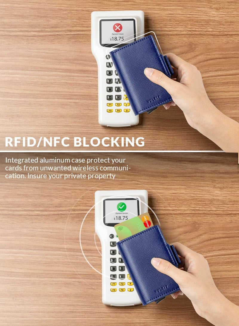 VULKIT VULKIT Credit Card Holder RFID Blocking Leather Automatic Pop Up Wallet Magnetic Wallet Double Card Case for Men and Women Cross Navy  - Image 3