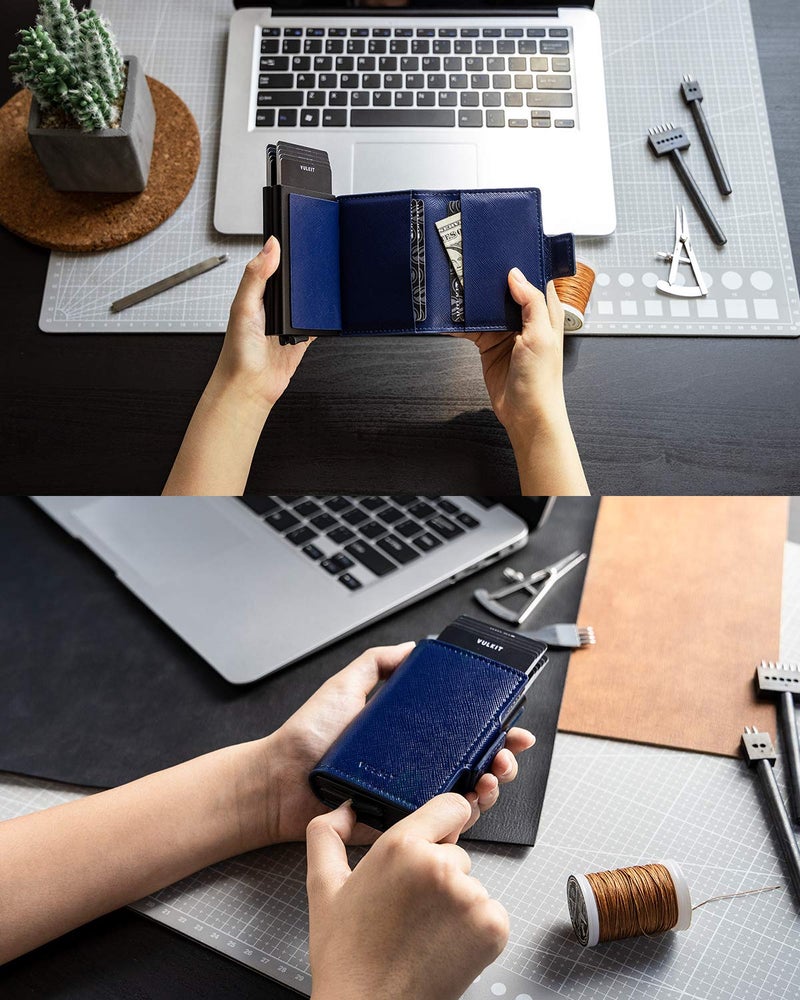 VULKIT VULKIT Credit Card Holder RFID Blocking Leather Automatic Pop Up Wallet Magnetic Wallet Double Card Case for Men and Women Cross Navy  - Image 4