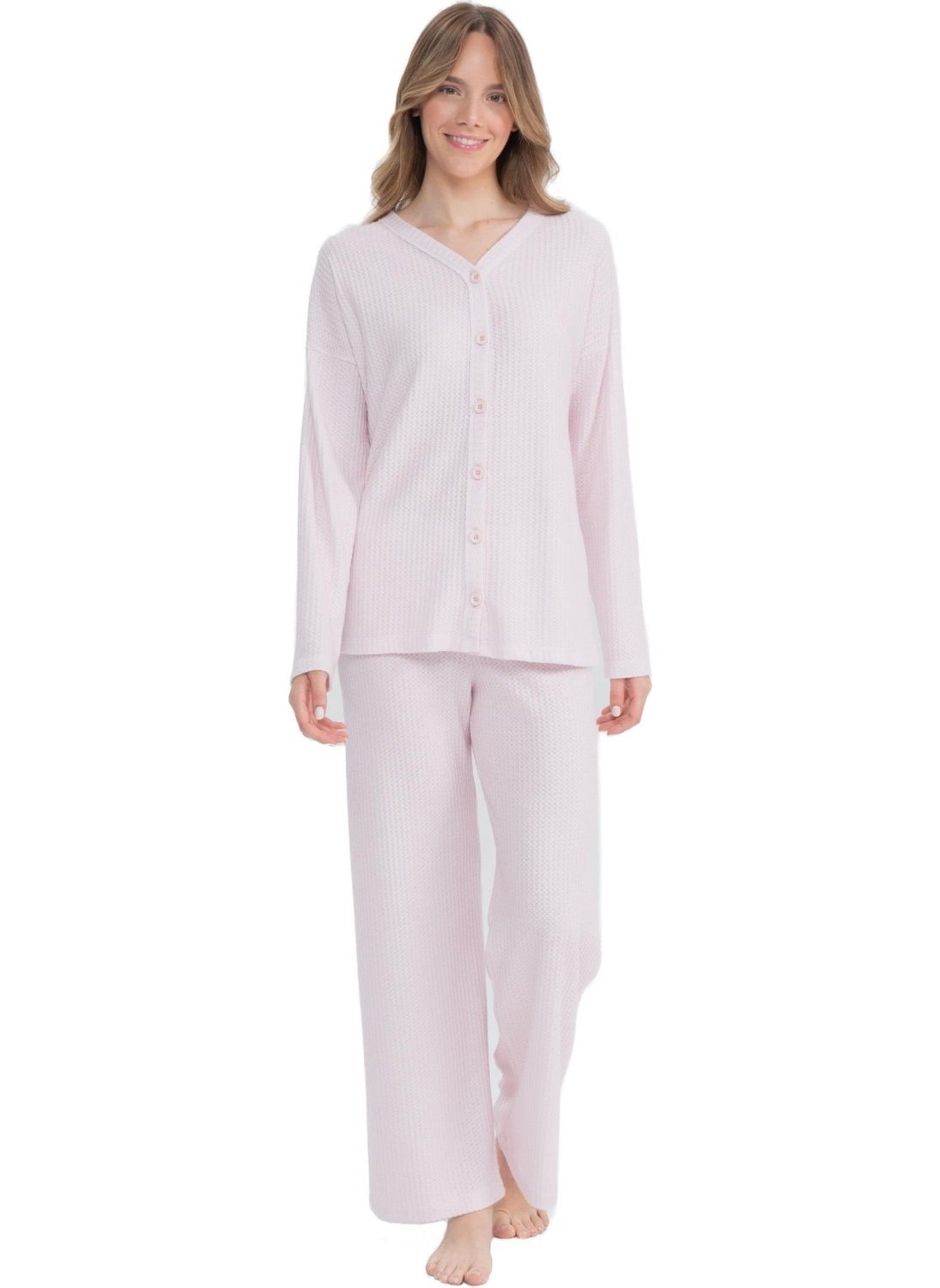 Women's Button Front Long Sleeve Wide Leg Pajama Set - pzsku/Z494C90AC5F39CE3086D5Z/45/_/1730556742/25c7236a-9408-409b-acfb-5722222ec15b