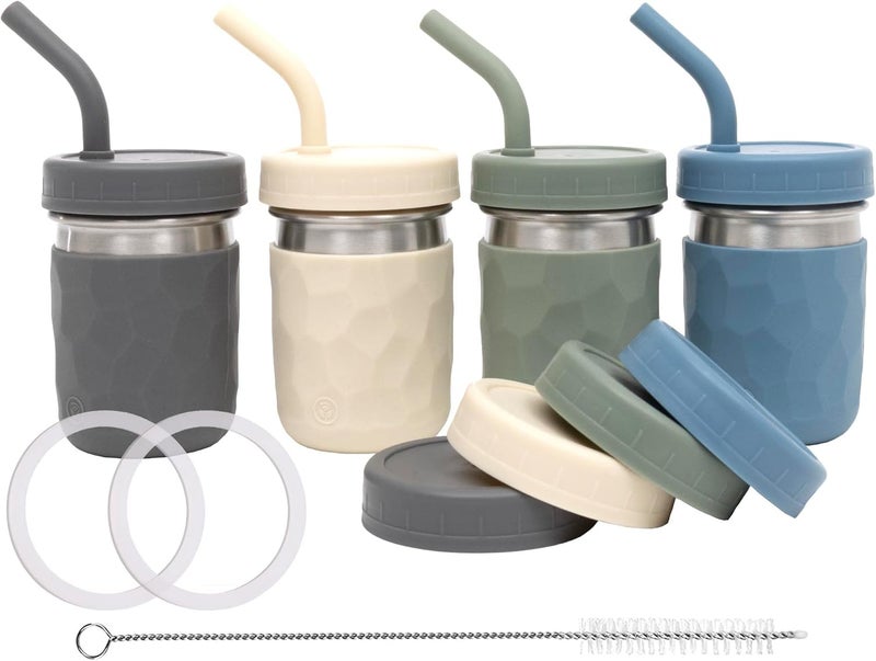 WeeSprout 2in1 Drinking Cups for Kids Durable Stainless Steel Tumbler for Smoothies Silicone Straws with Stoppers Premium Plastic Twist Lids EasyGrip Sleeves Set of 4 Dishwasher Safe Kid Cups - Image 1