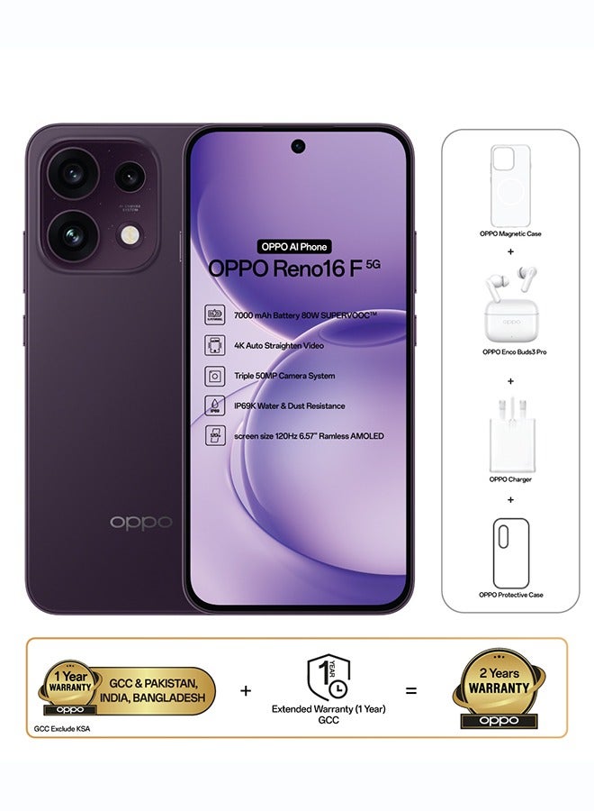 OPPO Reno16 F AI Phone Dual SIM 5G Twilight Violet 8GB RAM 256GB With OPPO Enco Buds3 Pro + OPPO Magnetic Case - Middle East Version - Image 1
