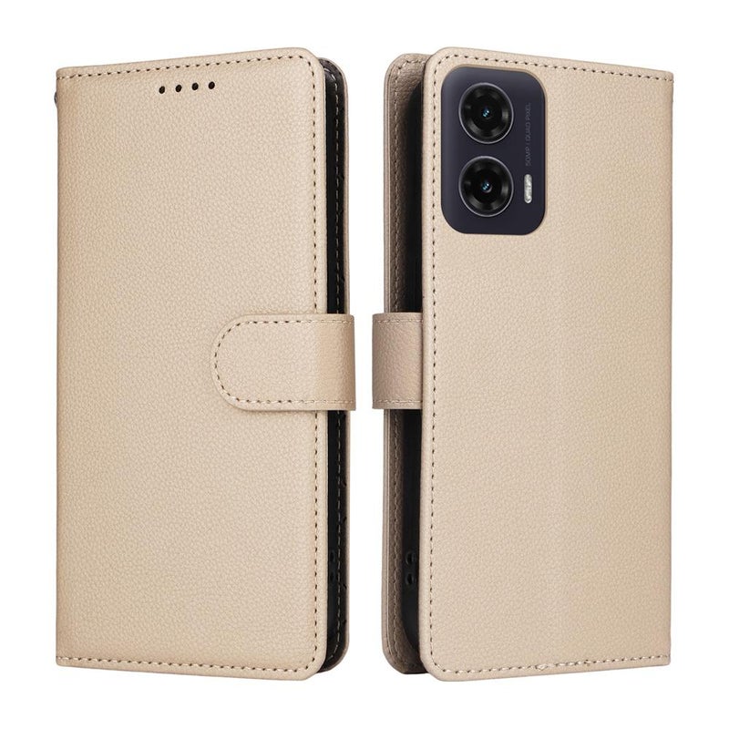 إيروريكس جراب هاتف موتورولا موتو جي 35 5G من الجلد بتصميم ليتشي ومانع لتقنية تحديد الهوية بموجات الراديو، مزود بثلاث بطاقات (بيج) - Image 2