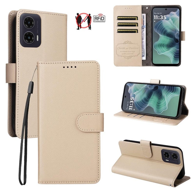 إيروريكس جراب هاتف موتورولا موتو جي 35 5G من الجلد بتصميم ليتشي ومانع لتقنية تحديد الهوية بموجات الراديو، مزود بثلاث بطاقات (بيج) - Image 1