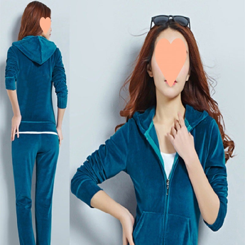 Generic Explosive Velvet Sports Leisure suit Womens Temperament Slimming Yoga Clothes Running Two-piece suit peacock blue - Image 1