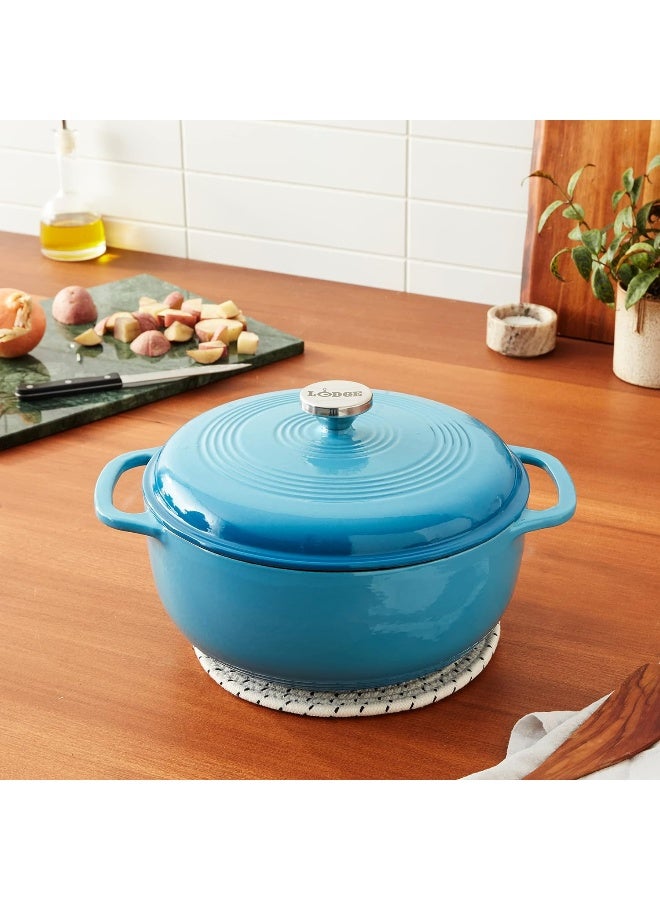 LODGE 6 Quart Enameled Cast Iron Dutch Oven With Lid – Dual Handles – Oven Safe Up To 500° F Or On Stovetop - Use To Marinate, Cook, Bake, Refrigerate And Serve – Cornflower Blue  - Image 4