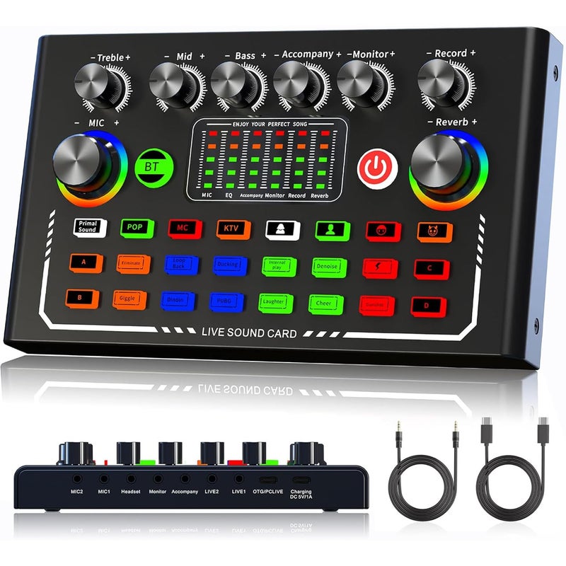 F009 Live Sound Card Audio Interface – USB Podcast Audio Mixer with Bluetooth, DSP Noise Reduction, Voice Changer & Professional Sound Effects for Streaming, Gaming & Recording - Image 1