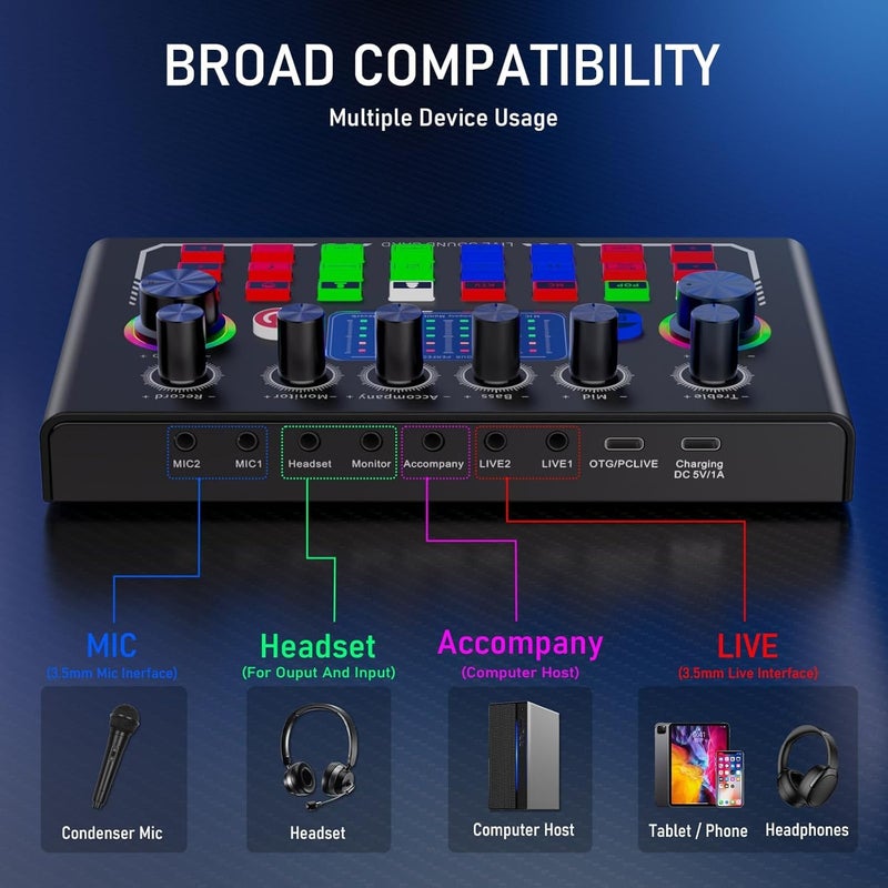 F009 Live Sound Card Audio Interface – USB Podcast Audio Mixer with Bluetooth, DSP Noise Reduction, Voice Changer & Professional Sound Effects for Streaming, Gaming & Recording - Image 4