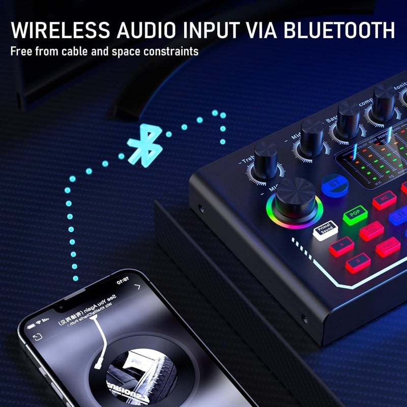 F009 Live Sound Card Audio Interface – USB Podcast Audio Mixer with Bluetooth, DSP Noise Reduction, Voice Changer & Professional Sound Effects for Streaming, Gaming & Recording - Image 5