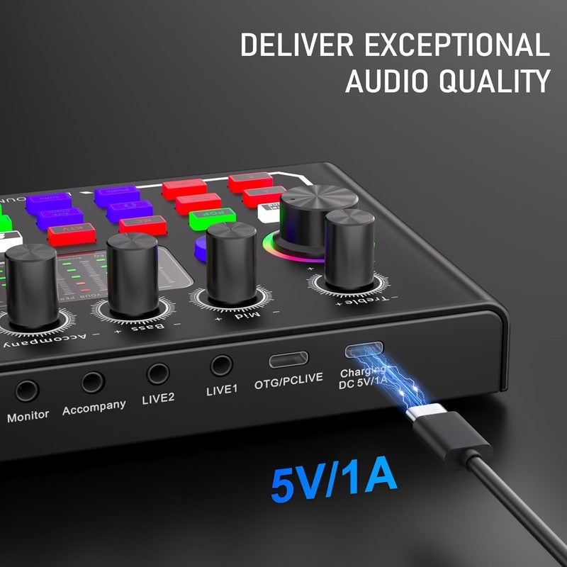 F009 Live Sound Card Audio Interface – USB Podcast Audio Mixer with Bluetooth, DSP Noise Reduction, Voice Changer & Professional Sound Effects for Streaming, Gaming & Recording - Image 2