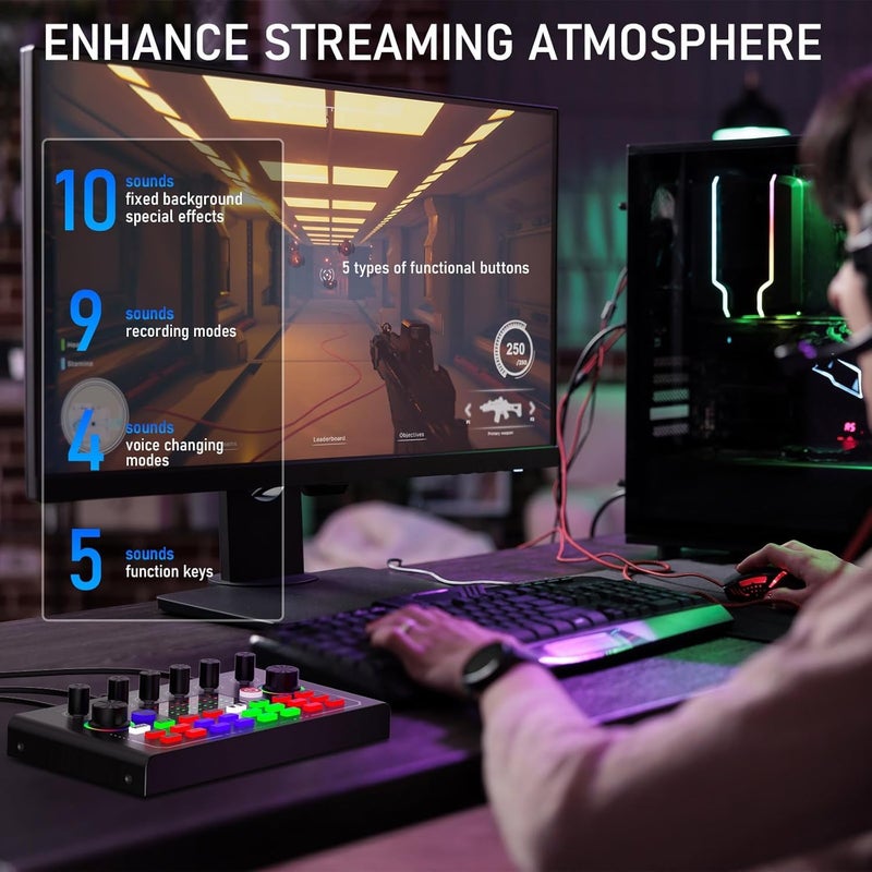 F009 Live Sound Card Audio Interface – USB Podcast Audio Mixer with Bluetooth, DSP Noise Reduction, Voice Changer & Professional Sound Effects for Streaming, Gaming & Recording - Image 3